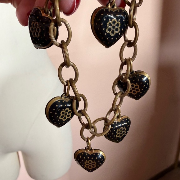 Antique Victorian revival art deco Brass Black enamel Heart Charm bracelet - Picture 14 of 17